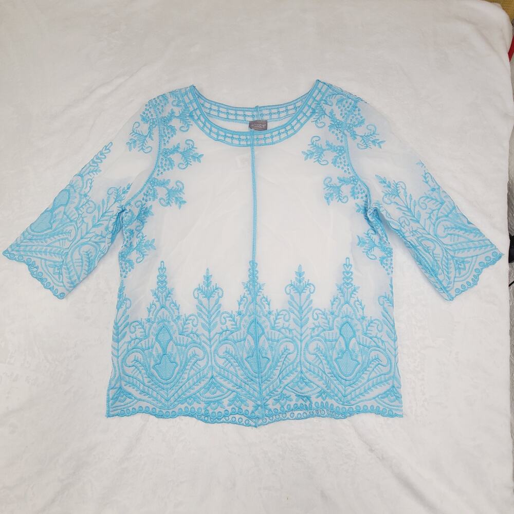 Chico’s Size 2 Blue Embroidered Mesh Top Sheer 3/4 Sleeve Boho Scalloped Hem